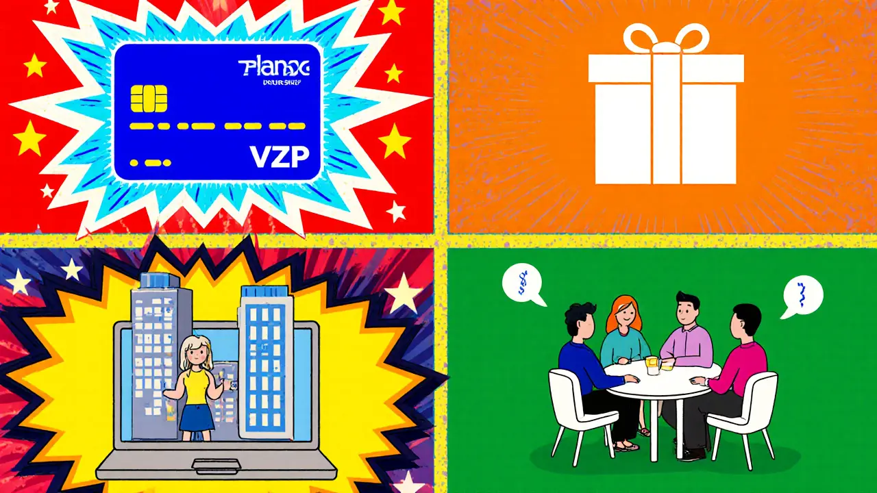 Koláž ukazující pojištění, firemní benefity, online a skupinovou terapii.