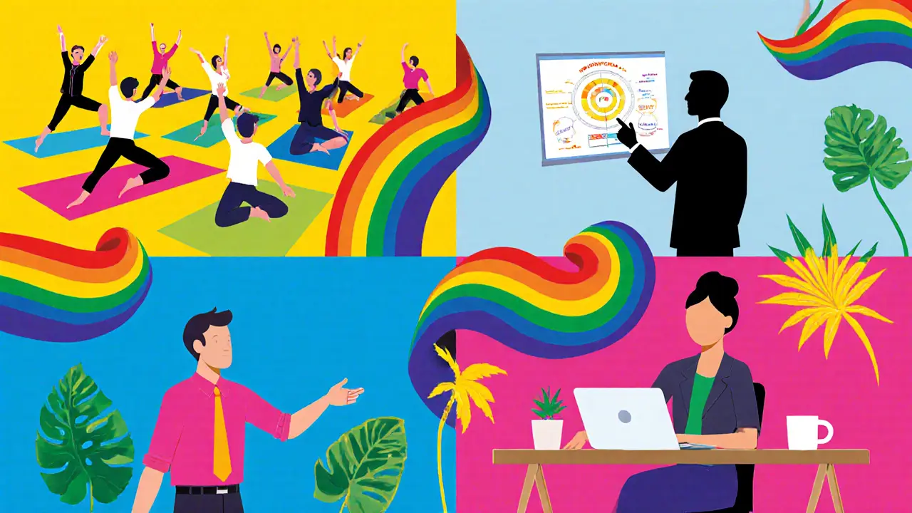 Různé aktivity wellbeing programu: jóga, koučink, home office a školení.