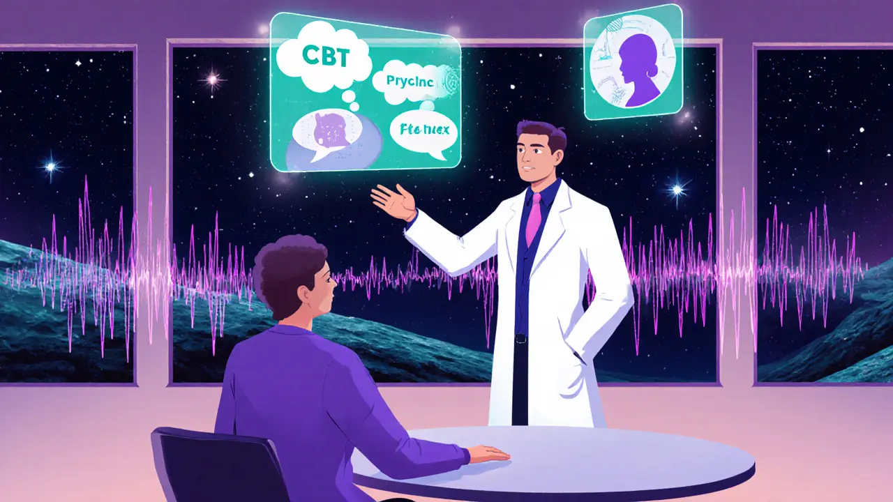 Futuristická místnost s terapeutem, klientem a holografickými panely kombinujícími CBT a psychodynamiku.