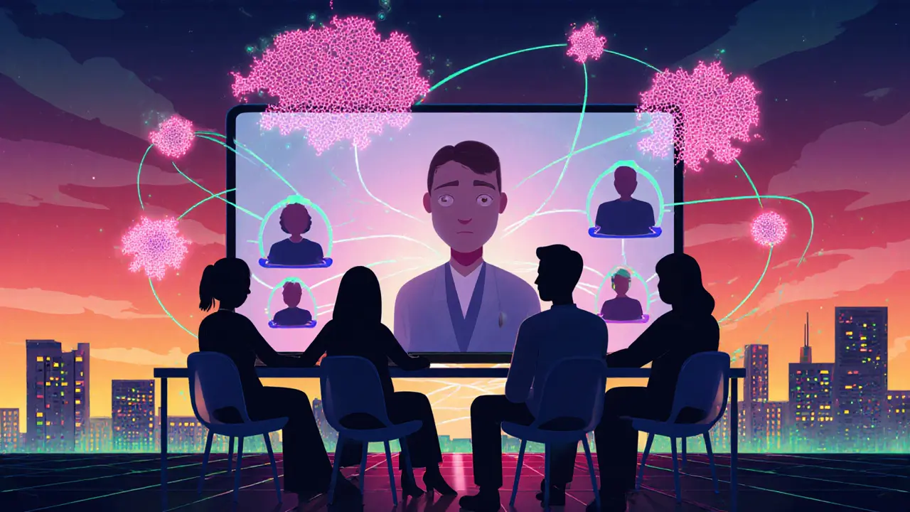 Digitální terapie: video hovor a AI grafy ukazují rodinné vztahy, futuristické barvy.