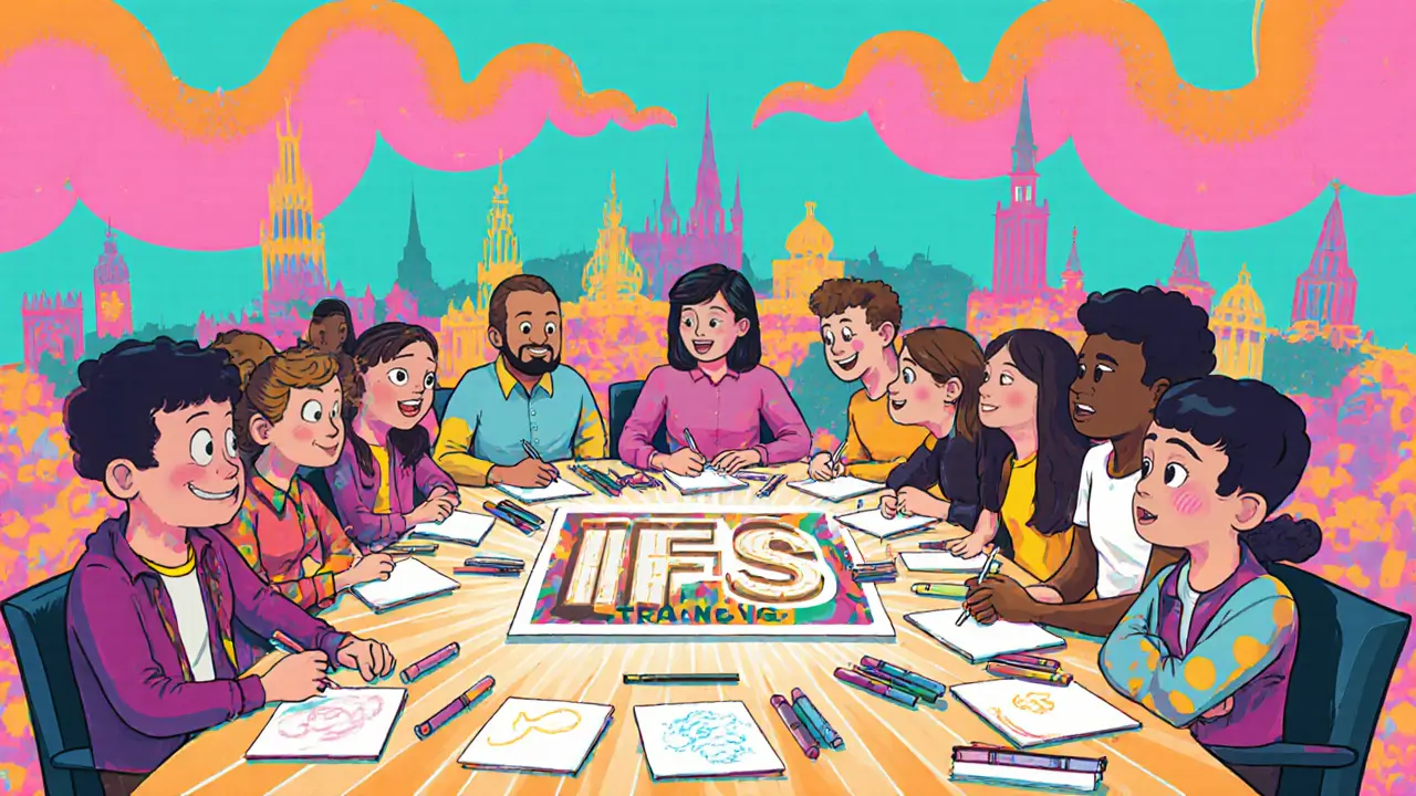 Skupina českých IFS terapeutů na workshopu, barevná ilustrace ve stylu Peter Max.