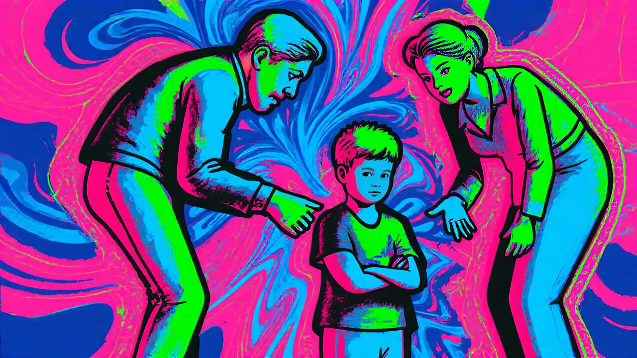 Sochání rodiny: členové stojí v symbolických pozicích, barevné ilustrace.