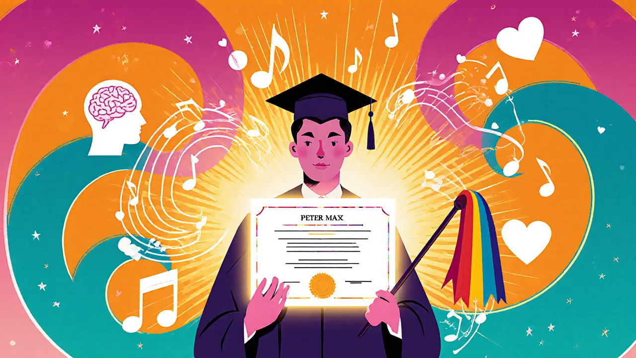 Absolvent muzikoterapie s diplomem obklopený notami, mozkem a srdcem.