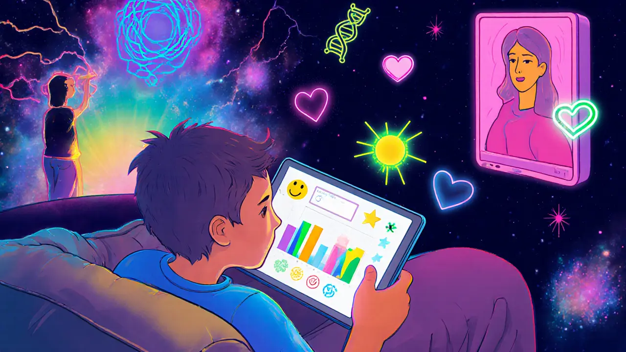Dítě používá aplikaci na tabletu, zatímco na obrazovce jsou psychiatr a terapeut, obklopené digitálními symboly.
