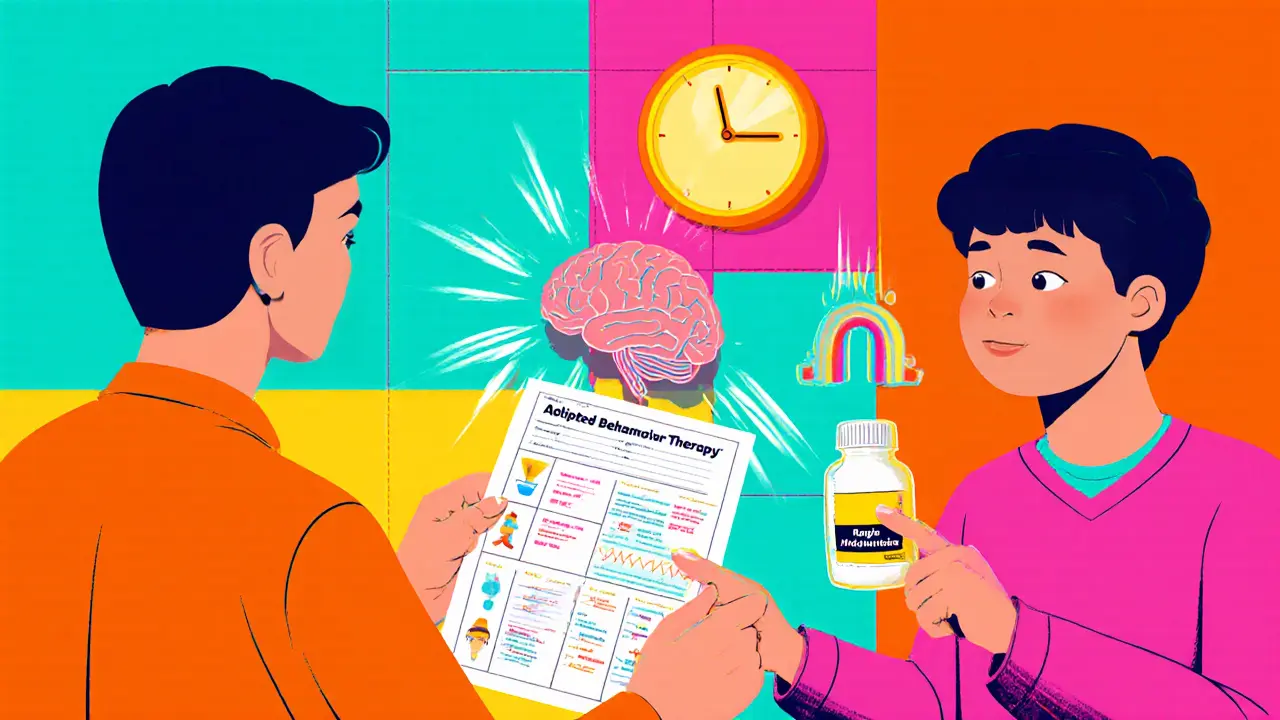 Terapeut a adolescent s autismem během CBT, s pilulkou a EEG monitorem ve stylu Peter Max.