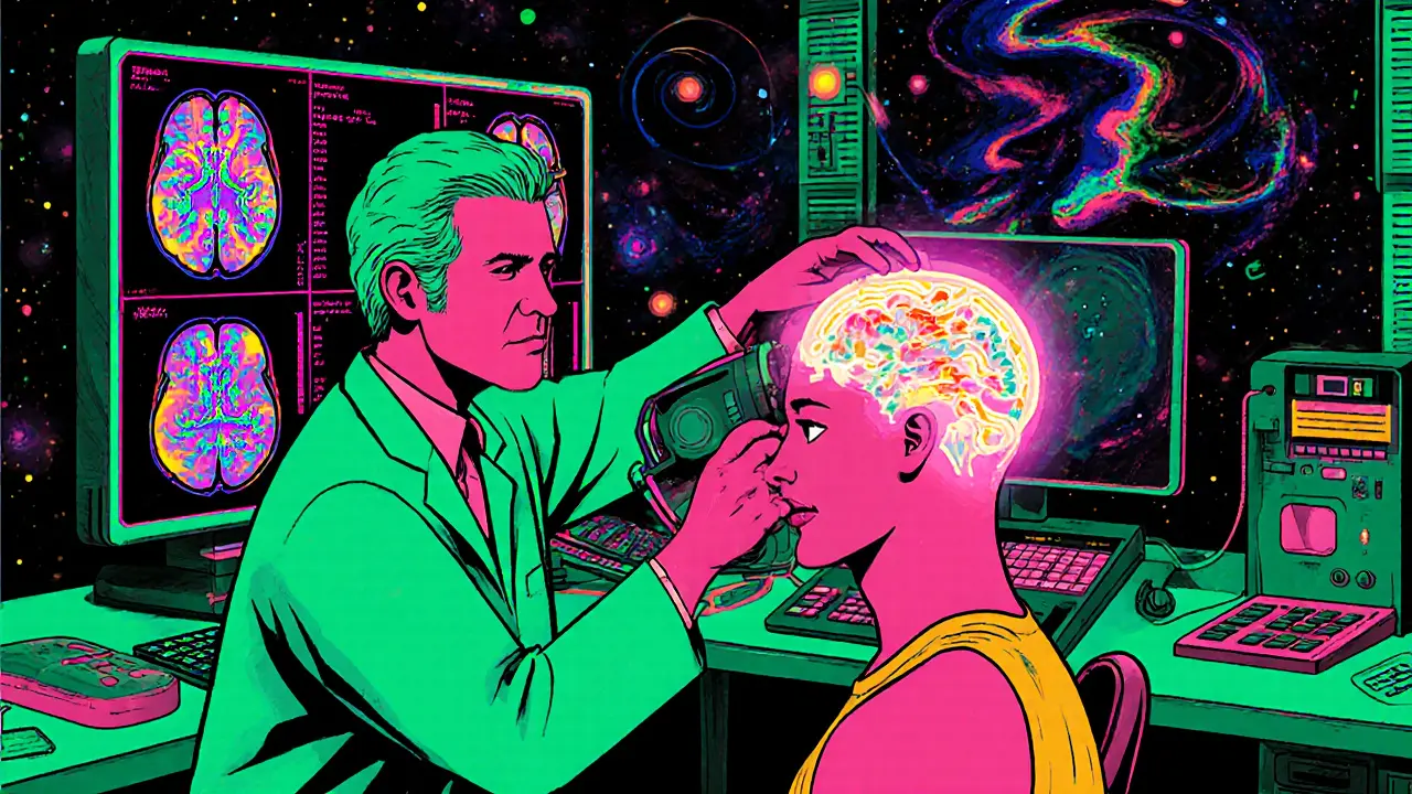 Laboratoř s vědcem, který používá TMS na hlavu savanta, ukazující aktivované neurony a fMRI skeny.