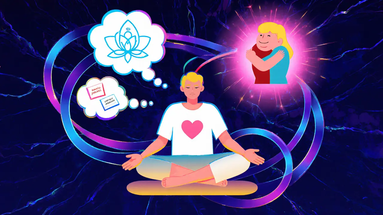 Osoba během CMT: vděčnost, mindfulness a představovaná soucitná postava.