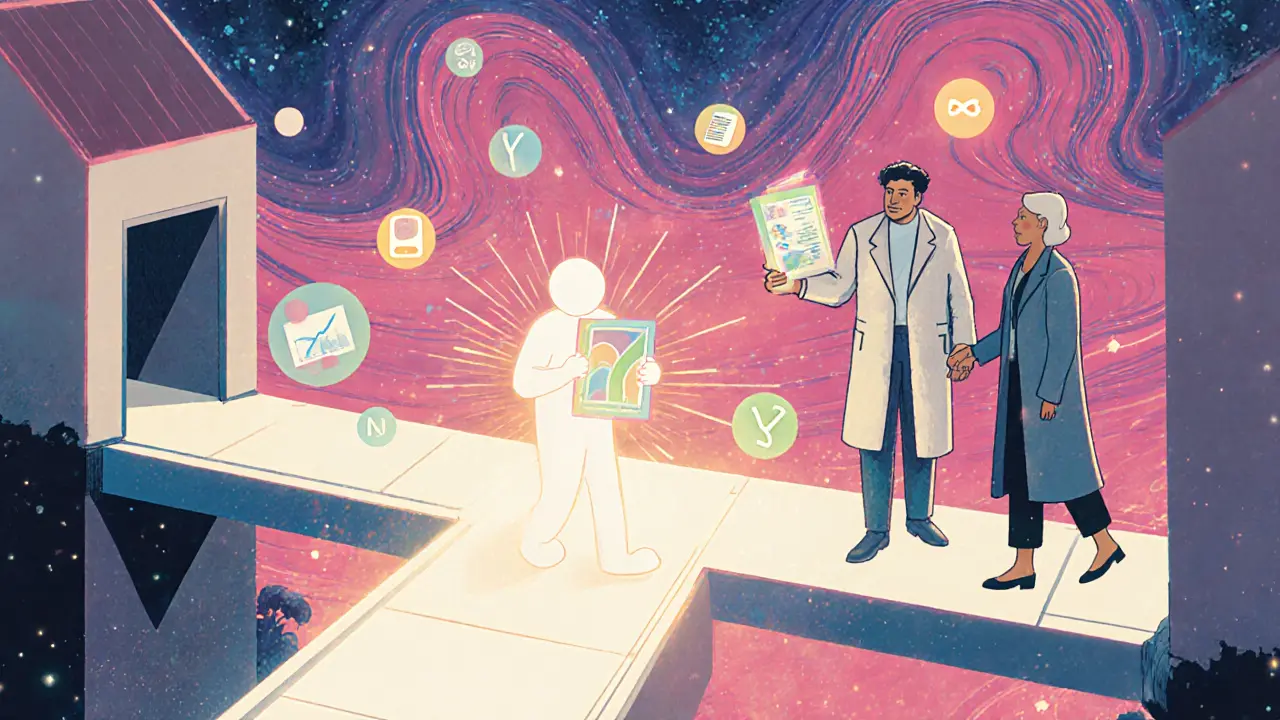 Přechod mezi terapeuty, klient přechází po mostě k digitální podpoře.