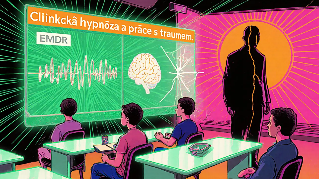 Budoucí školení hypnoterapie s EMDR, neurobiologií a etickým varováním, v psychedelickém stylu.