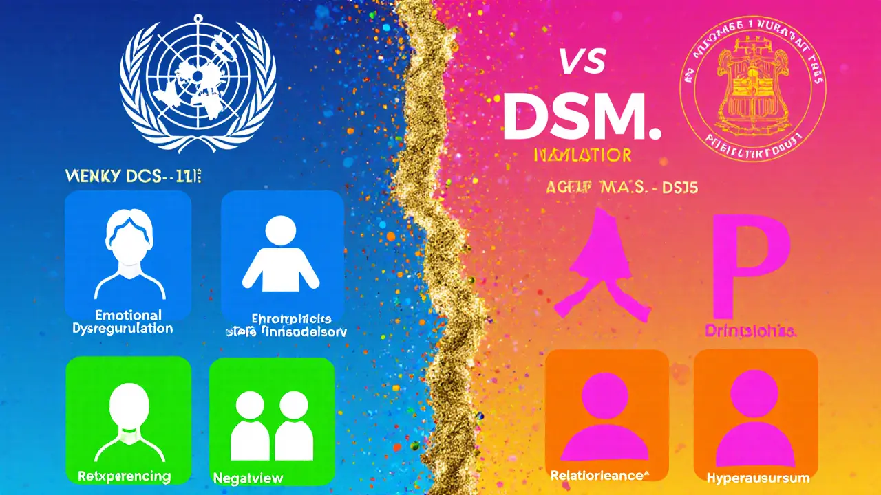 Dělený obraz porovnává ICD‑11 a DSM‑5 symptomy s barevnými ikonami.