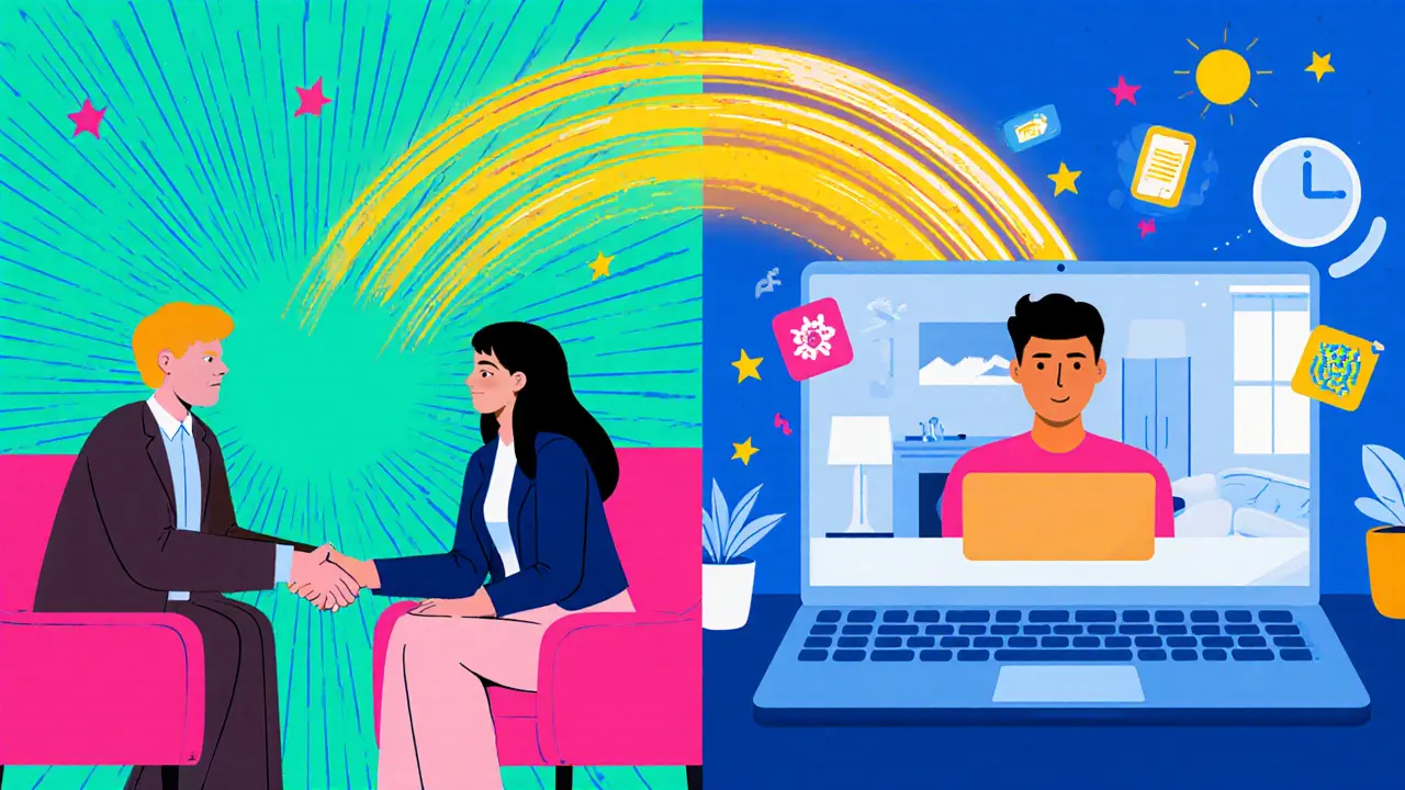 Hybridní terapie: kombinace osobního setkání a online videohovoru.