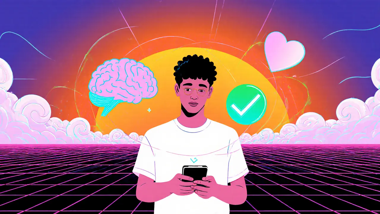 Mladý člověk drží smartphone, kolem něj svítí ikony myšlenek a pozitivního vývoje, v neonovém stylu.