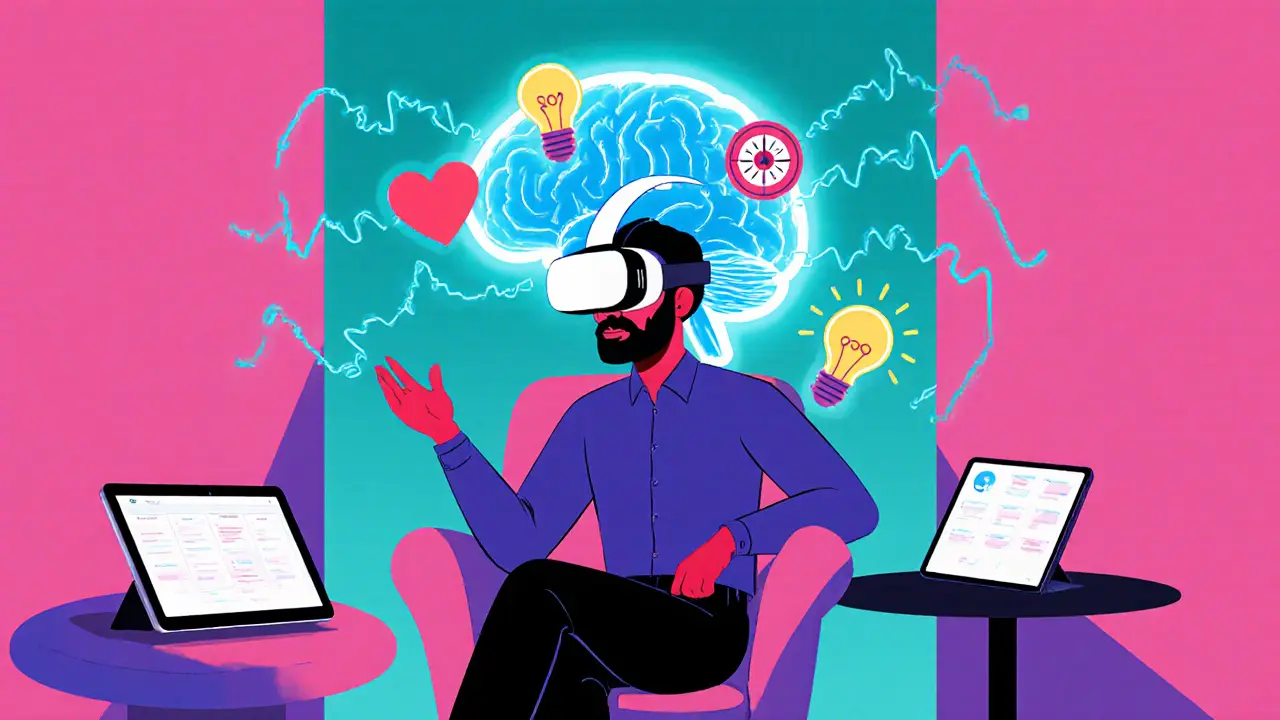 Peter Maxová scéna moderní logoterapie s VR a hologramy.