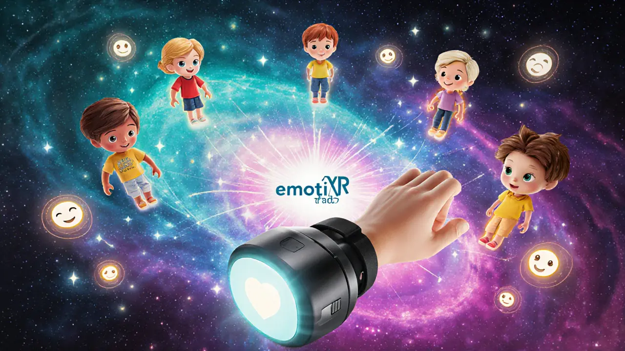 Skupinová VR terapie se šesti avatarovými dětmi, biofeedback senzory a EmotiVR nebula.