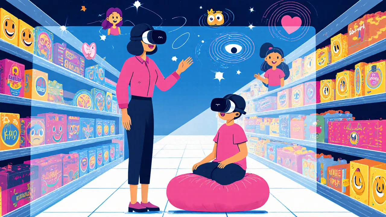 Terapeut a dítě v VR, AI ukazuje biofeedback během virtuálního nákupu.