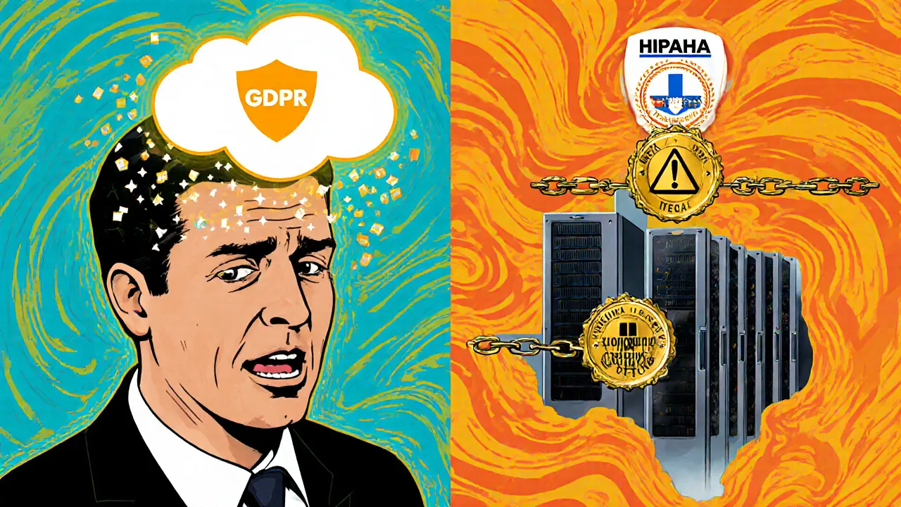 Dvě strany: evropský klient s právem na smazání a americký server s omezenými záznamy, spojené datovým proudem.