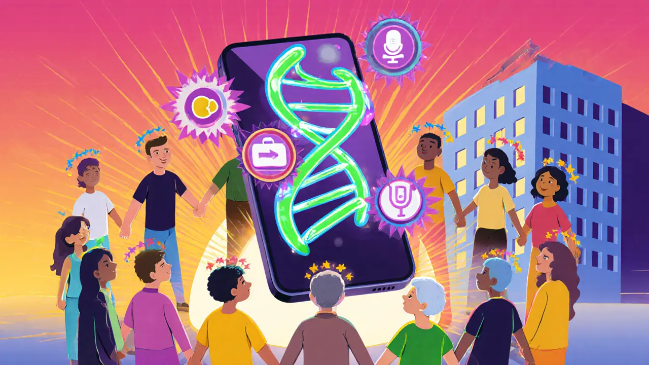 Skupina lidí drží se za ruce kolem digitálního mobilu a barevné DNA spirály.