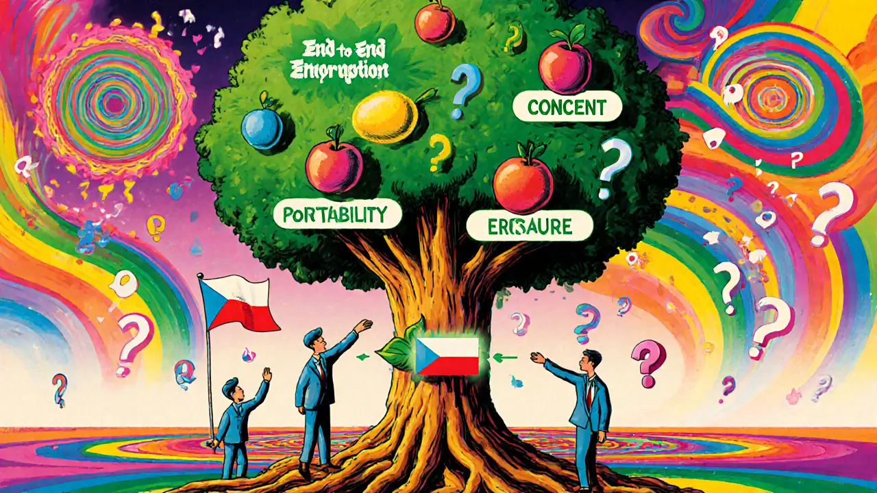 Strom dat s plody ochrany soukromí, chráněný český list, obklopený psychedelickými vzory.