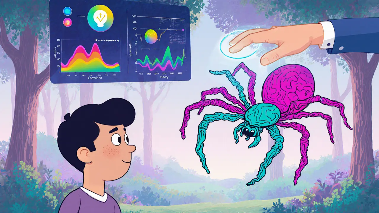 Avatar pacienta čelí stylizovanému pavouku ve virtuálním lese.