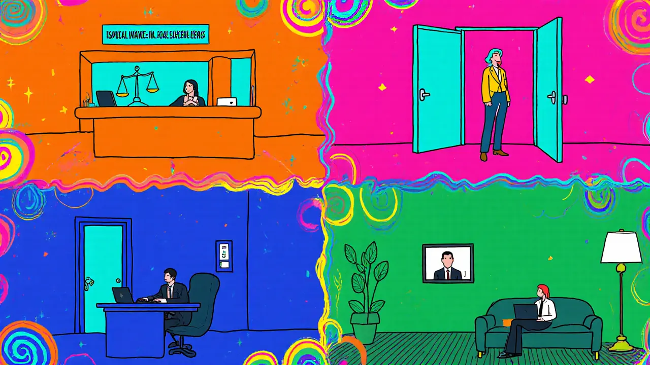 Čtyři panelové koláže ukazují právnické centrum, občanskou poradnu, soukromou kancelář a psychoterapeuta.