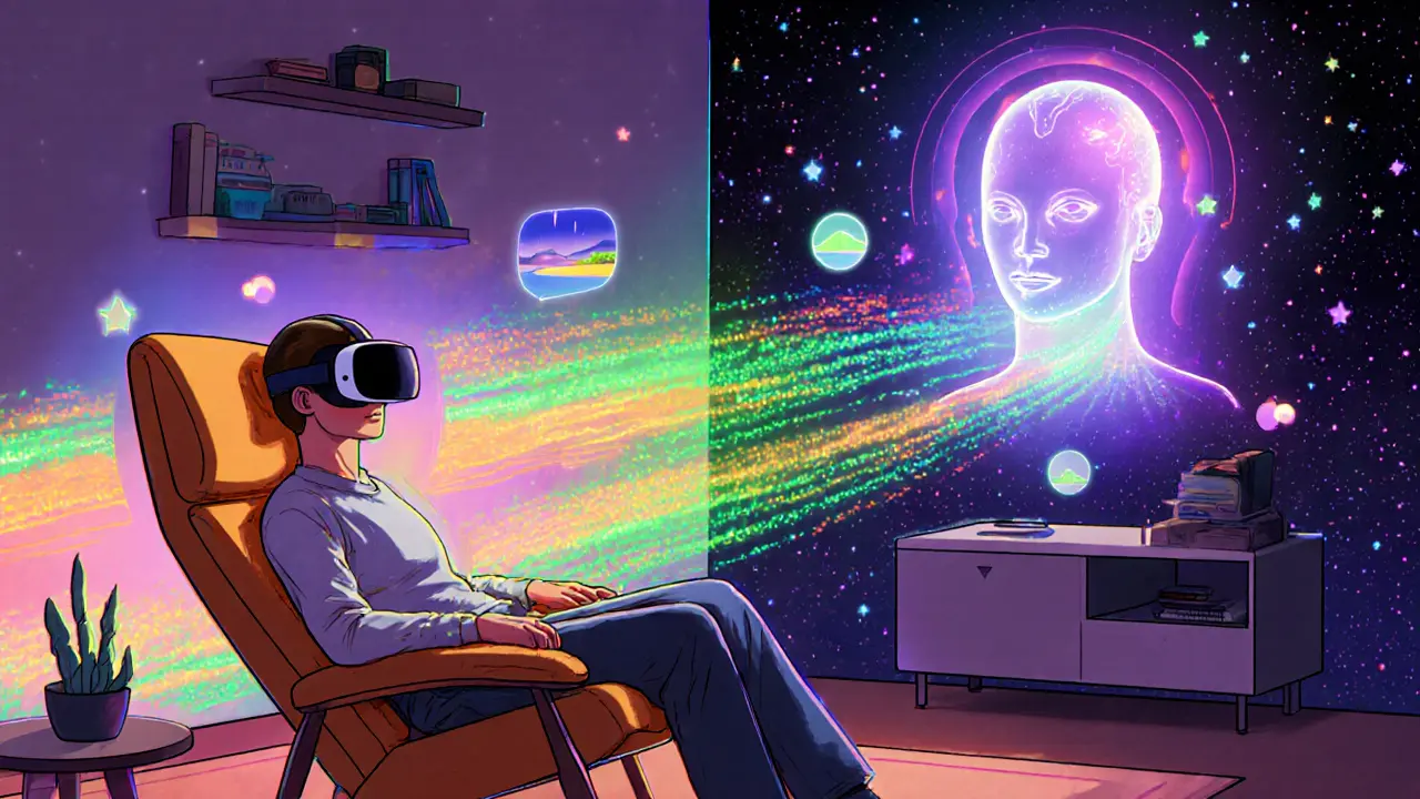 Domácí terapie s AI hologramy a pulsujícími datovými toky.