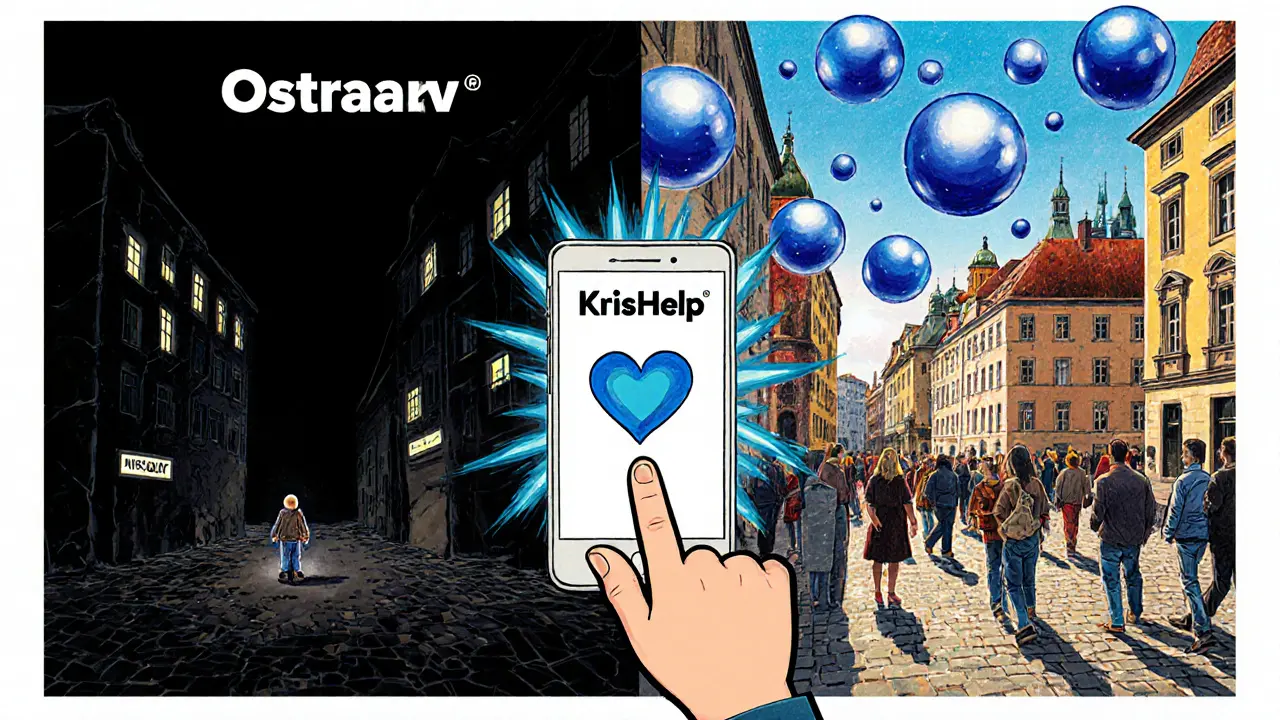 Dvě strany města: Ostrava s málem pomoci a Praha s mnoha záchrannými světly, spojené mobilní aplikací.