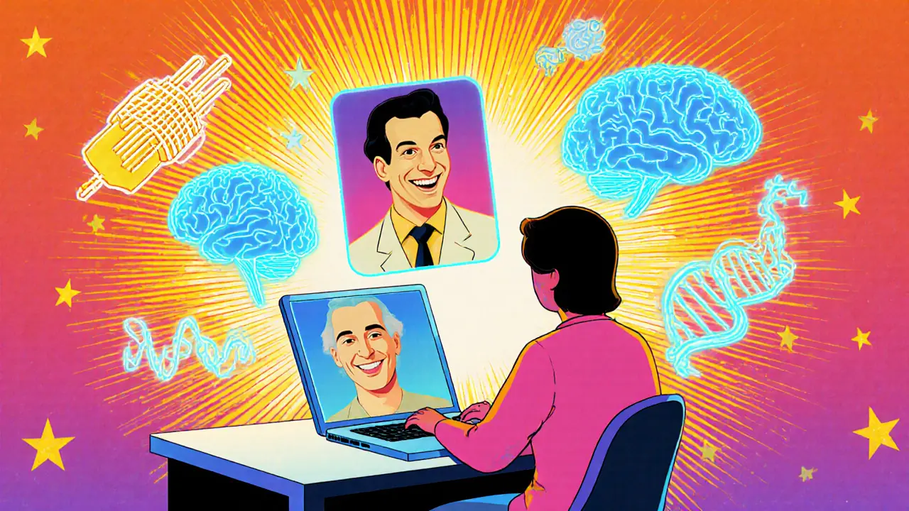 Pacient na laptopu s terapeutem na obrazovce, kolem hologramy mozku a neurotechnologických symbolů.