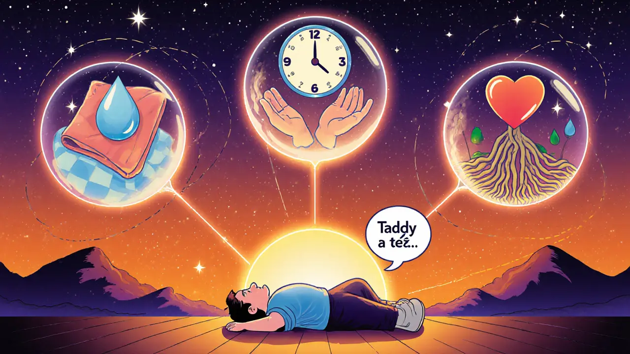 Pět kuliček symbolizujících klíčové prvky krizové intervence, plavajících nad člověkem v klidném prostředí.