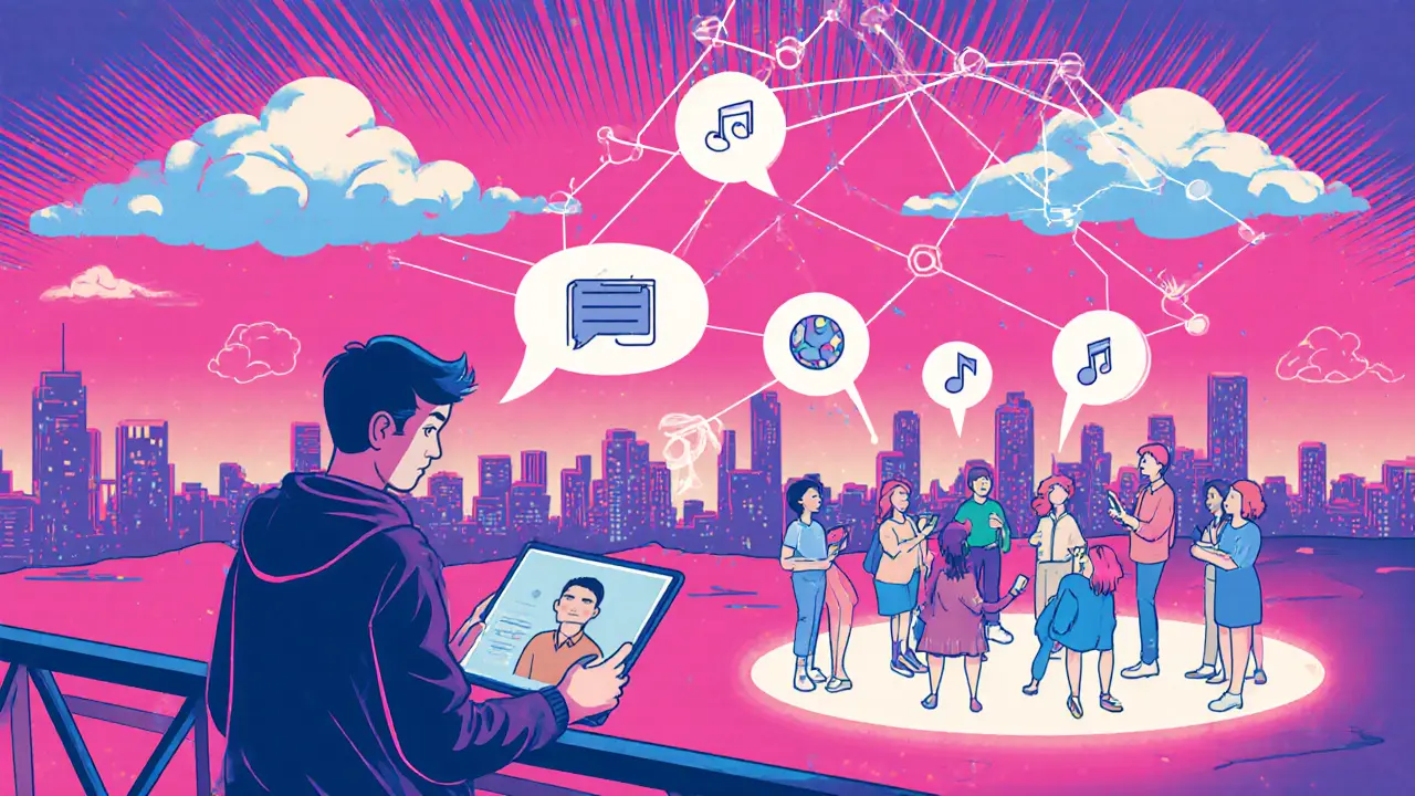 Po léčbě: osoba s tabletovým hologramem terapeuta, podpora skupiny a telemedicínské spojení.