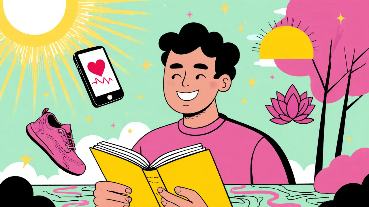 Postava zapisuje do deníku, prochází se a používá telefon pro podporu v jasném vzrušujícím stylu.