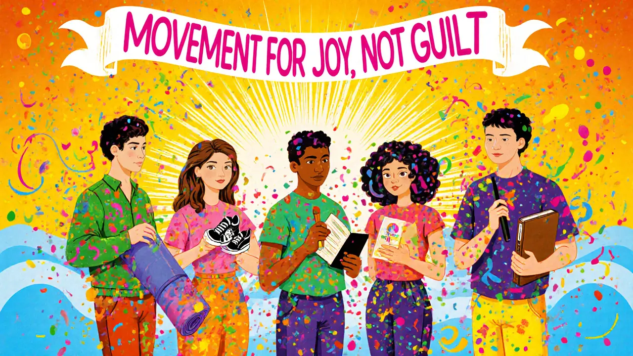 Skupina lidí uvolňuje řetězy a přeměňuje pohyb na radost, okolo nich proudí barvy.