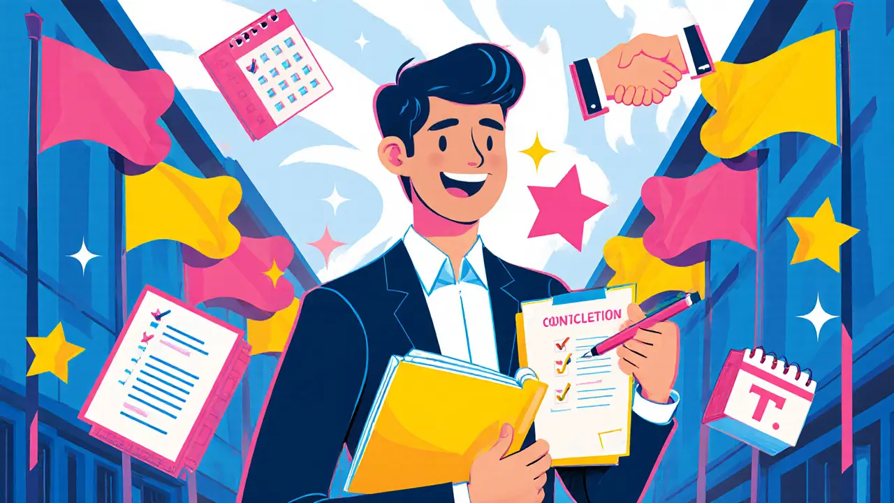 Spokojený klient s poznámkami a ikonami úspěšného postupu po bezplatné konzultaci na ulici.