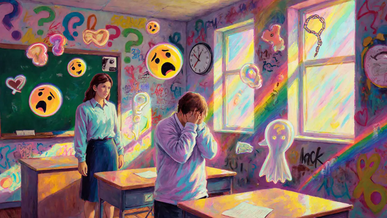 Student in classroom surrounded by floating emotion symbols, teacher unaware, psychedelic background with rainbow light.