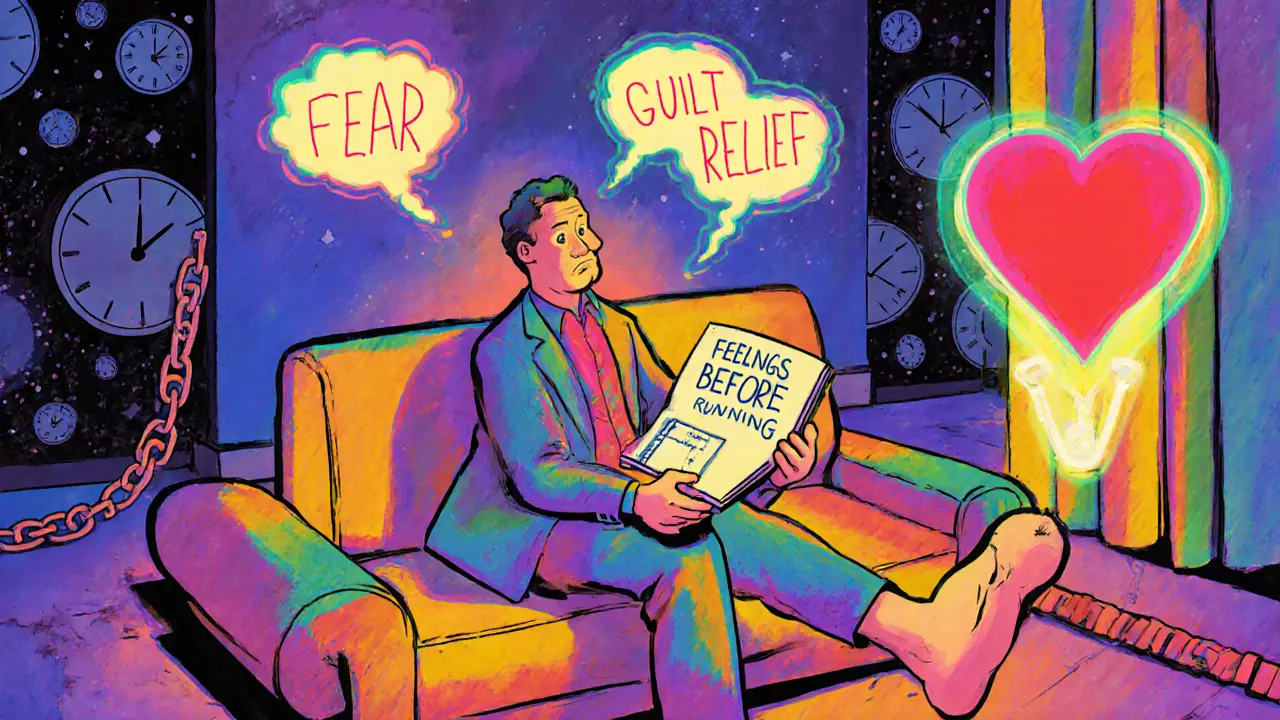 Terapeut a pacient na barevné pohovce, okolo nich letí myšlenky strachu a úlevy.