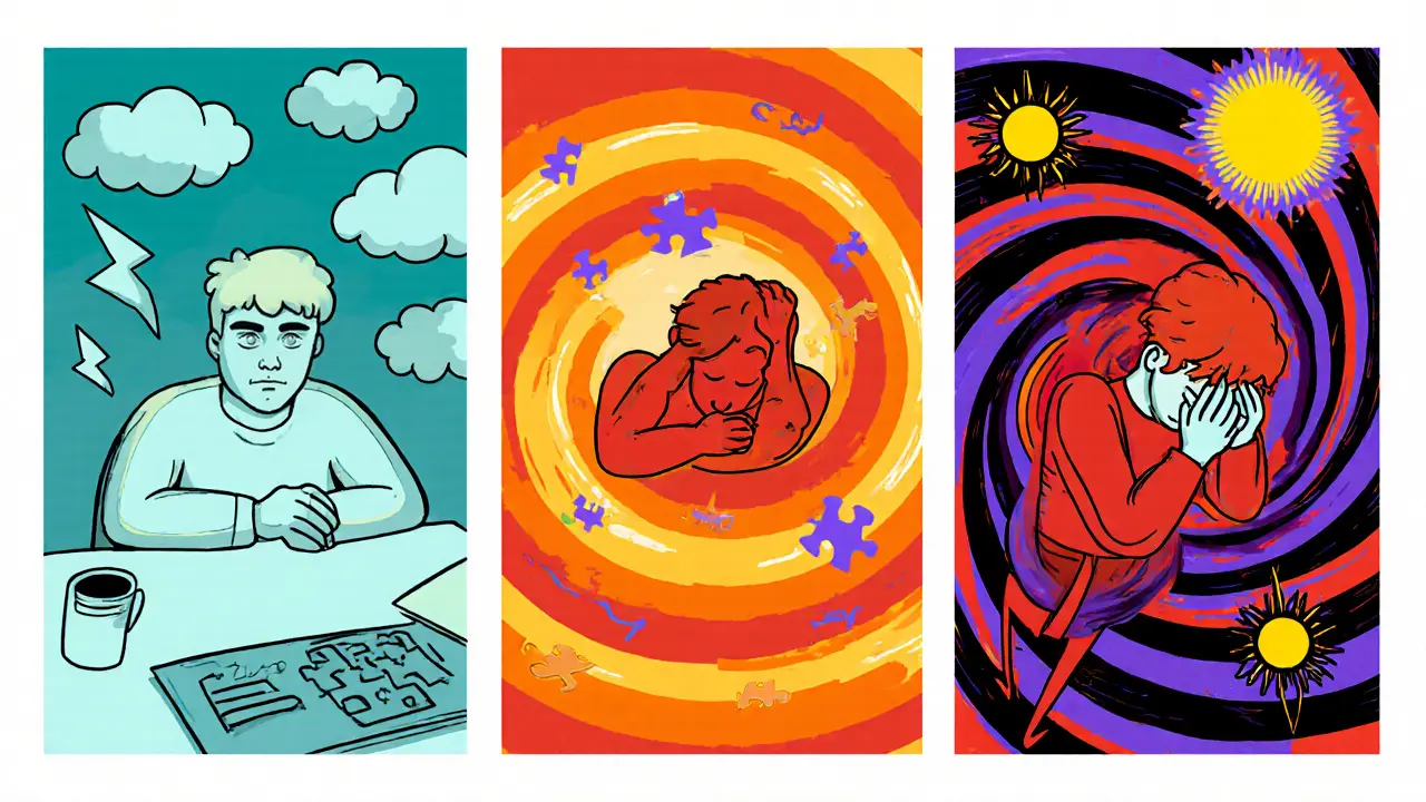 Tři fáze syndromu vyhoření zobrazující postupný úbytek energie a rostoucí úzkost.