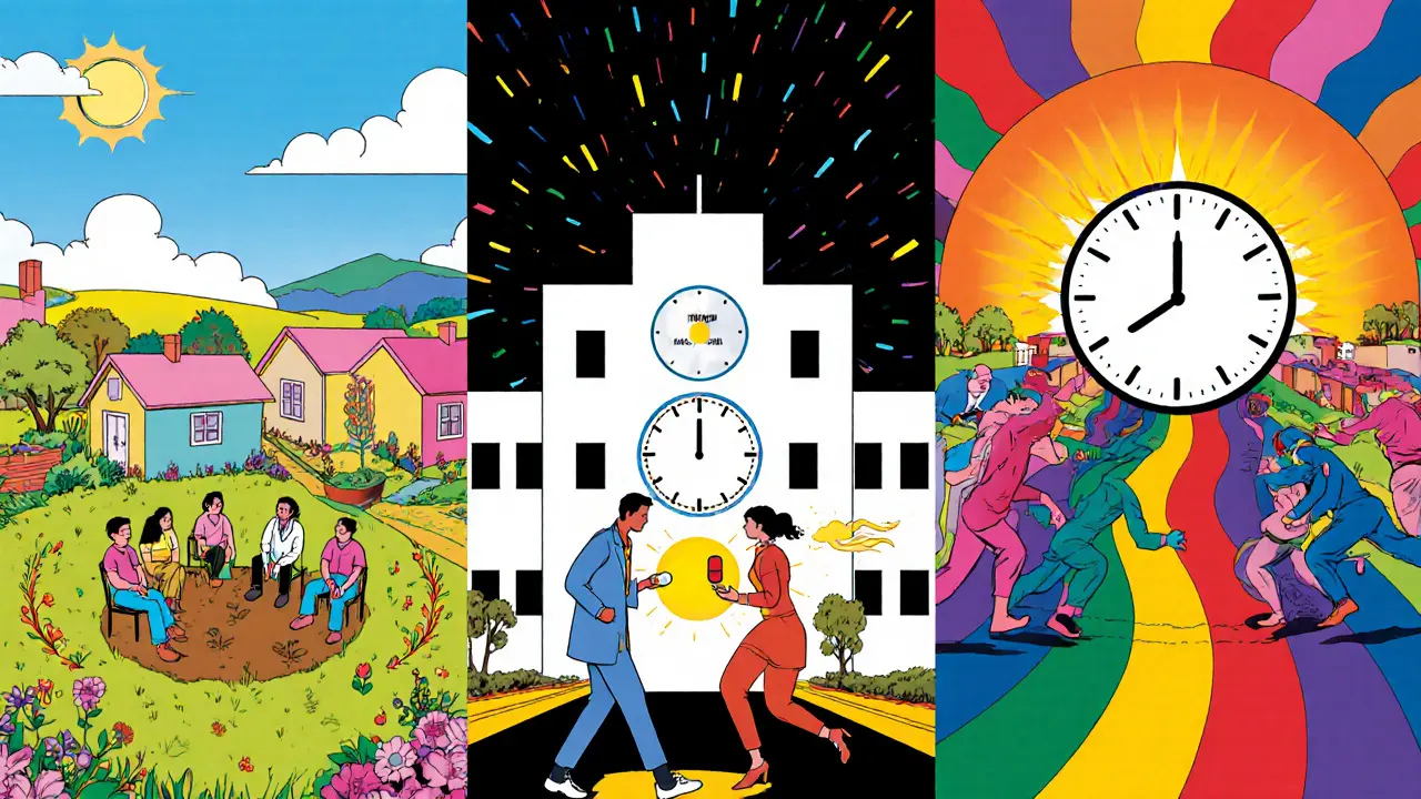 Tři panely: komunitní dům, psychiatrická klinika a 33‑denní program s odpočítáváním.