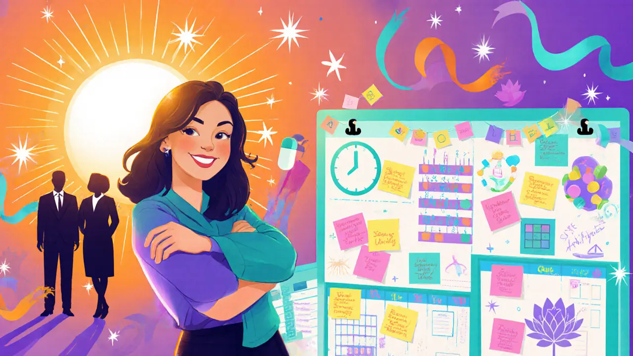 Uspokojená žena u barevného plánovače s poznámkami, léky a tým podporující ji.