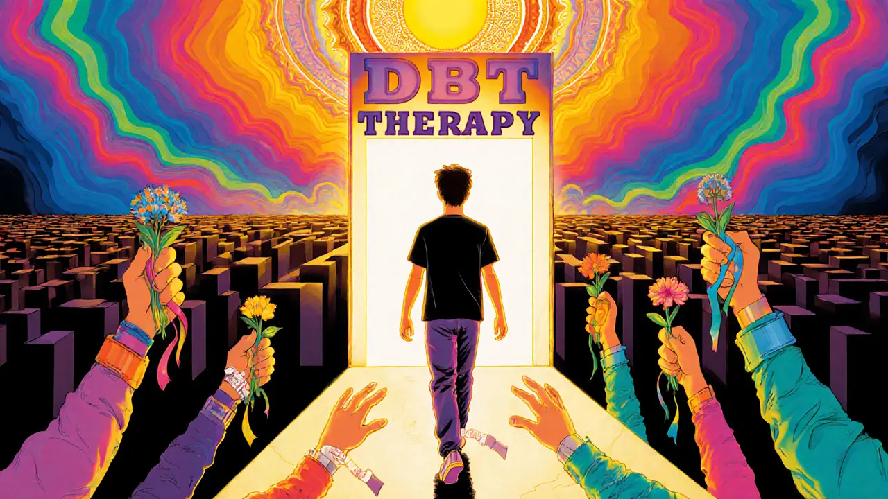 Young person walking toward a glowing therapy door, hands reaching out with flowers and ribbons, fading shadows behind.