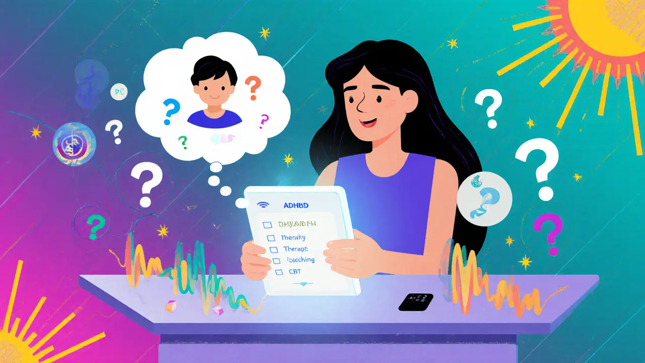 Žena vyplňující online ADHD test na tabletu, doprovázená koučovacími ikony.