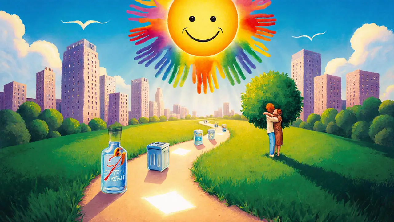 Cesta vedoucí městem s označenými kroky k lepšímu životu pod světlem duhového slunce.