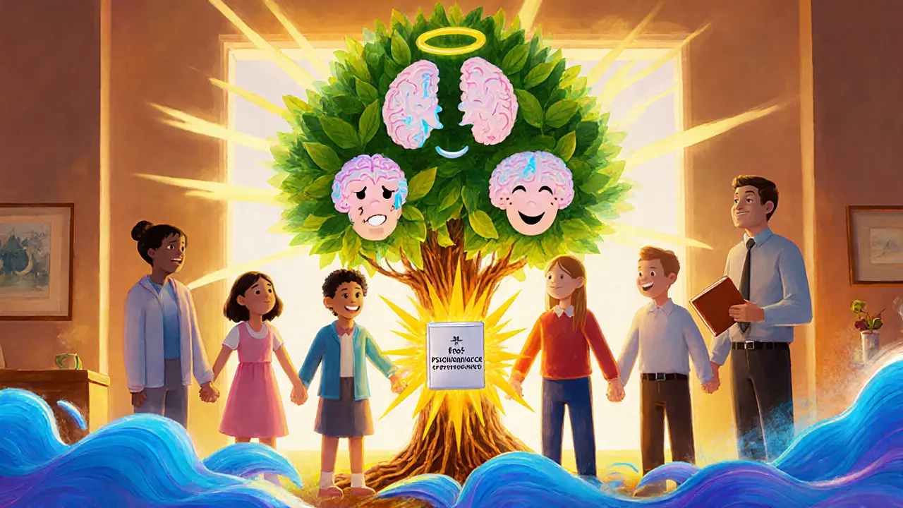 Členové rodiny drží ruce kolem stromu s mozkovými kořeny a listy jako emoce, peer worker stojí vedle.