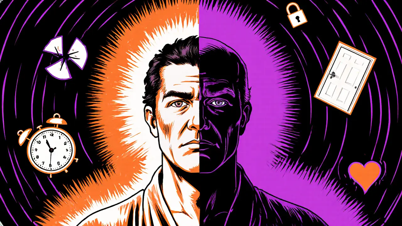 Člověk s rozdvojenou tváří, jedna strana sebe, druhá strana otce, kolem nich letí symboly emoce.