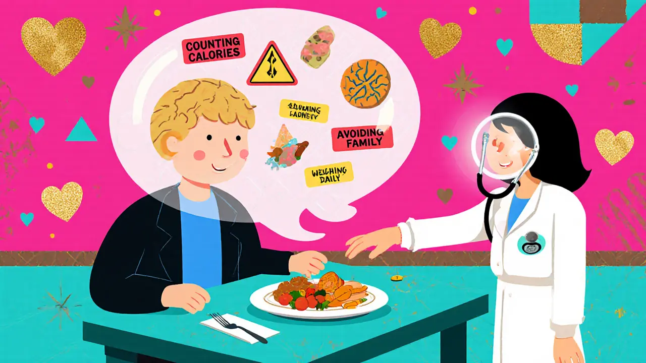 Člověk u stolu, jeho mysl plná varovných znaků, zatímco dietetik ho jemně vede k jídlu.