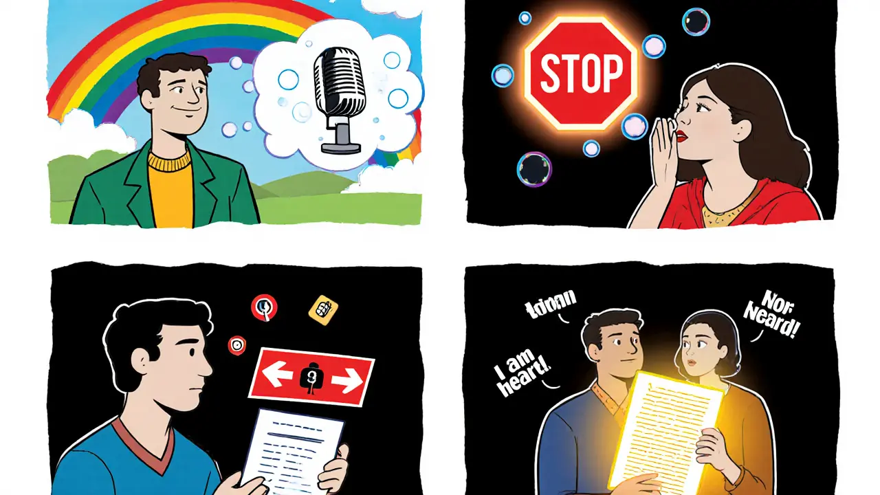 Čtyři scény ukazují postup rozhovoru o bezpečí v terapii: otázky, otevírání, signál stop a podepsaná dohoda.