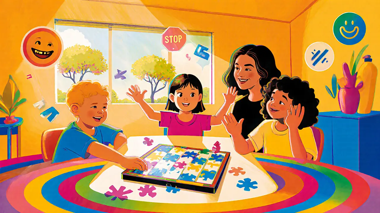 Děti hrají tabulkovou hru, jedna čeká se zvukovým rytmem, druhá hlasitě hraje, terapeut se usmívá.