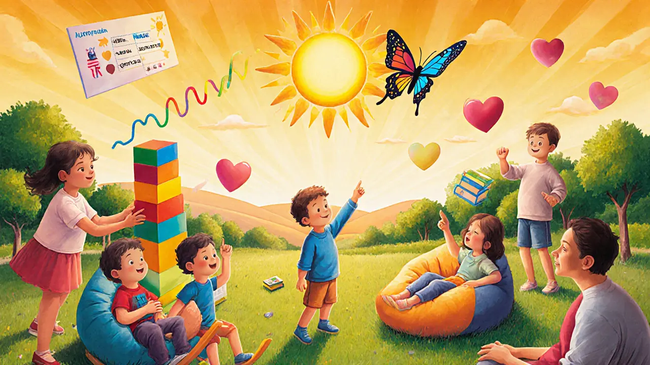 Děti s autismem hrají v kouzelném hřišti, rodiče pozorují, kolem nich plavou symboly terapií a emocí.