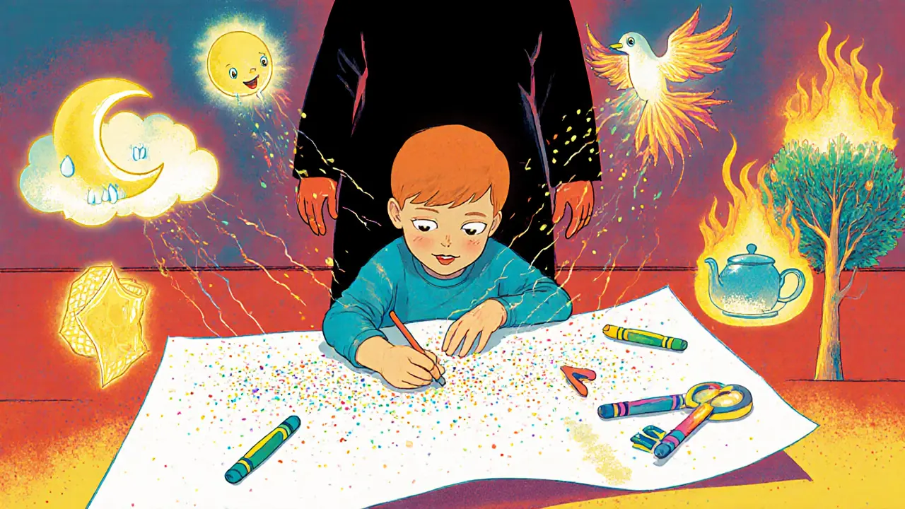 Dítě kreslí, zatímco kolem něj plavou symboly jeho neřečených pocitů – měsíc, klíč, pták.