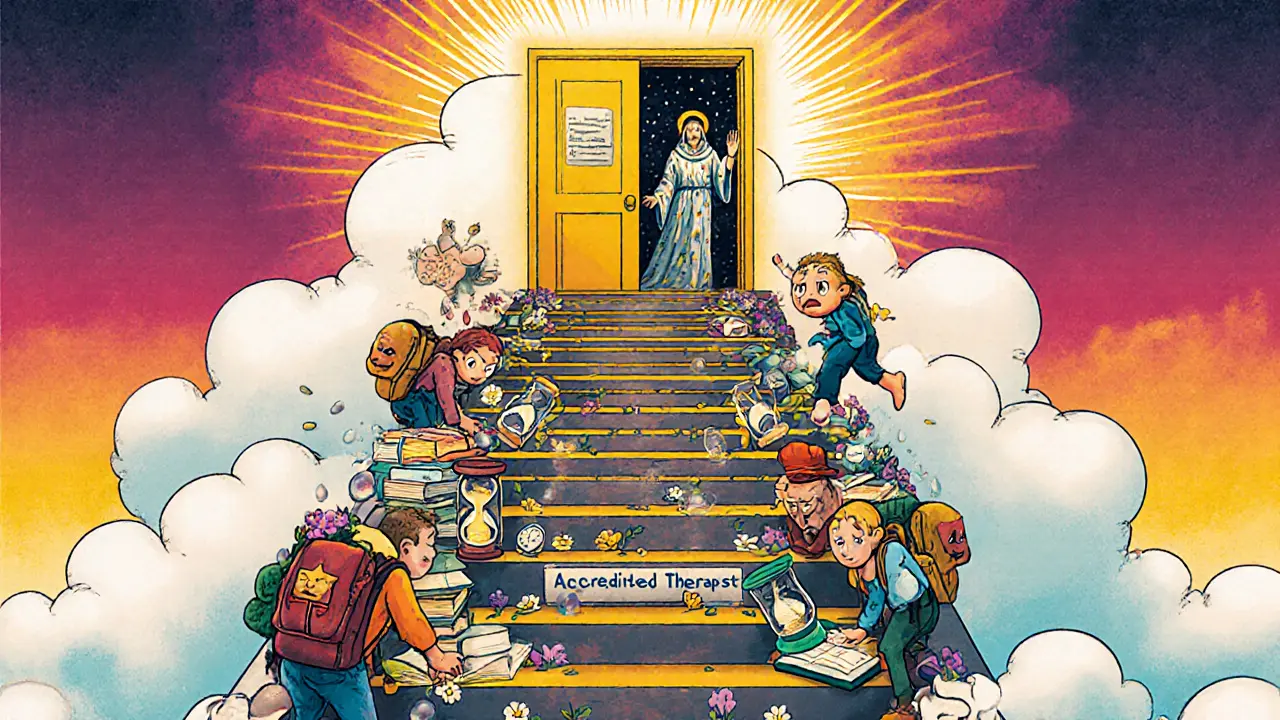 Dlouhá schodiště s knihami a hodinami vede k zářivému vchodu, kde lidé stoupají s emoce.