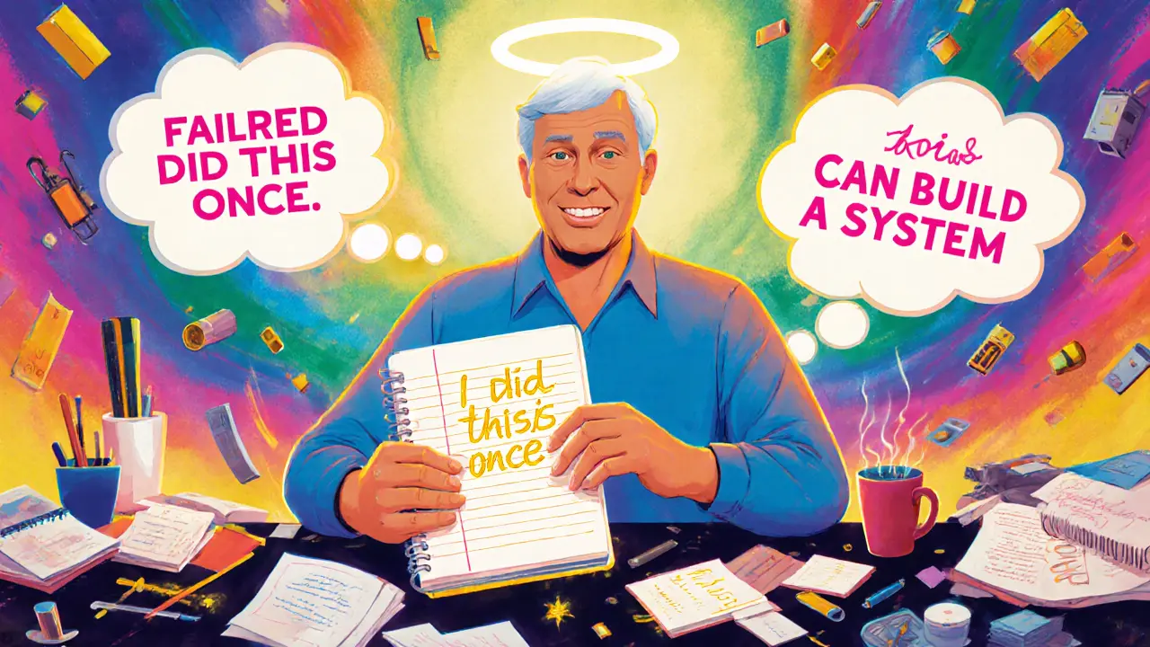 Dospělý píše pozitivní myšlenky do sešitu, kolem něj plavou zklamání.