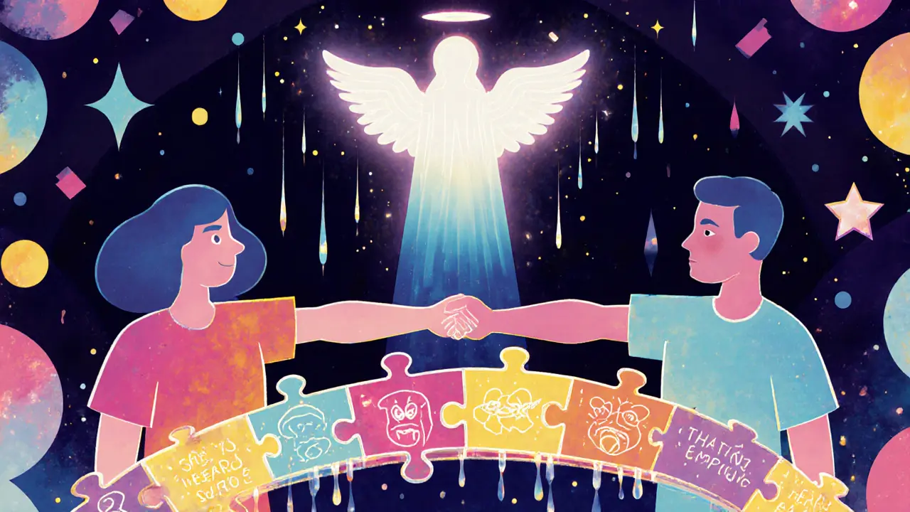 Dva lidé drží ruce přes most z kousků citů, terapeut je obklopuje jasnými vzory.